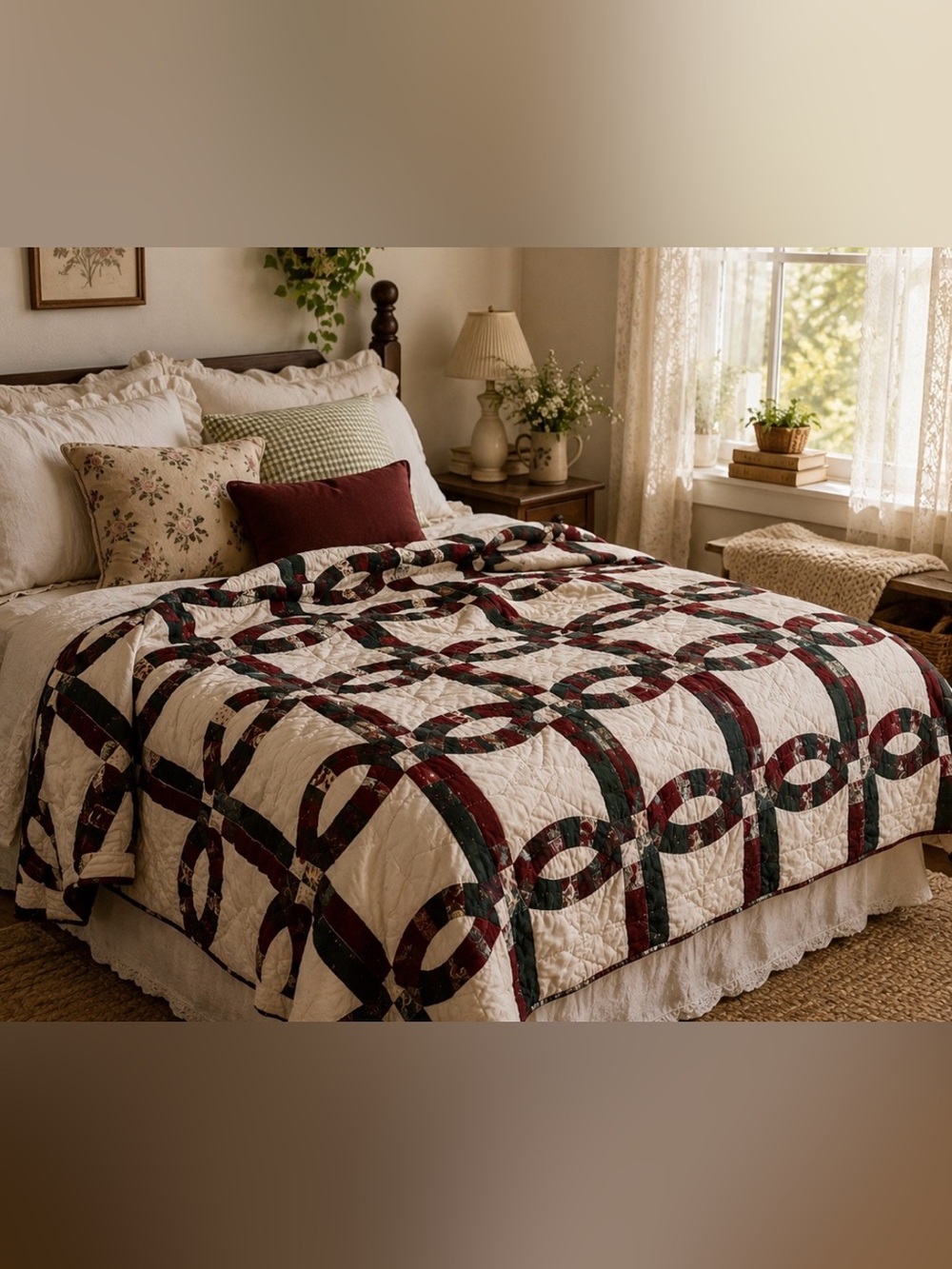 Vintage Sears Celtic Twist Wedding Ring Red Pattern Comforter Quilt Full Double